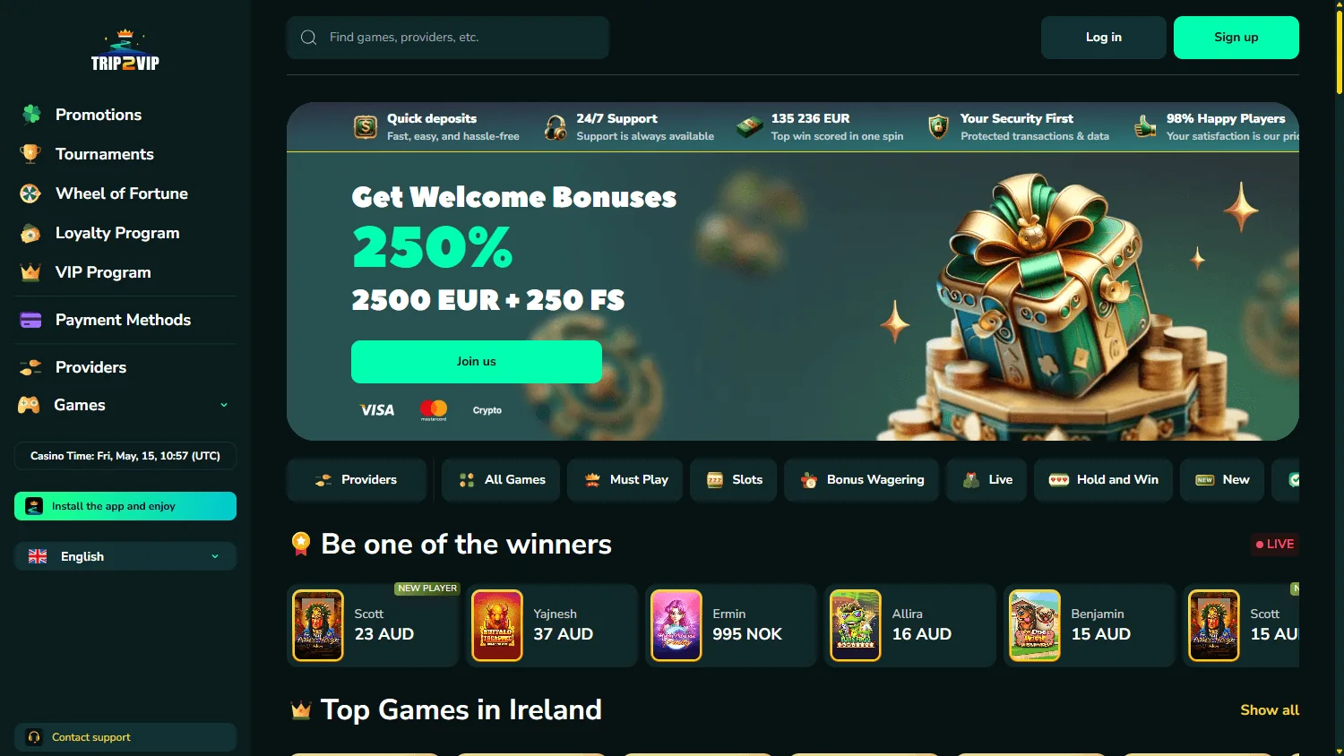 Trip2vip Casino desktop promotions area with the AU welcome package