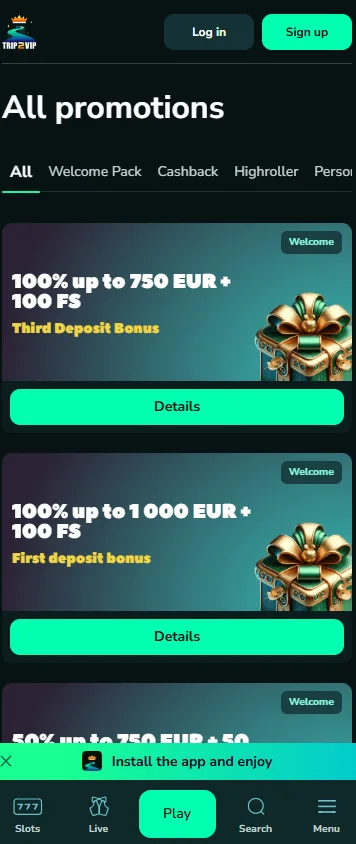 Trip2vip Casino mobile promotion view with withdrawal information