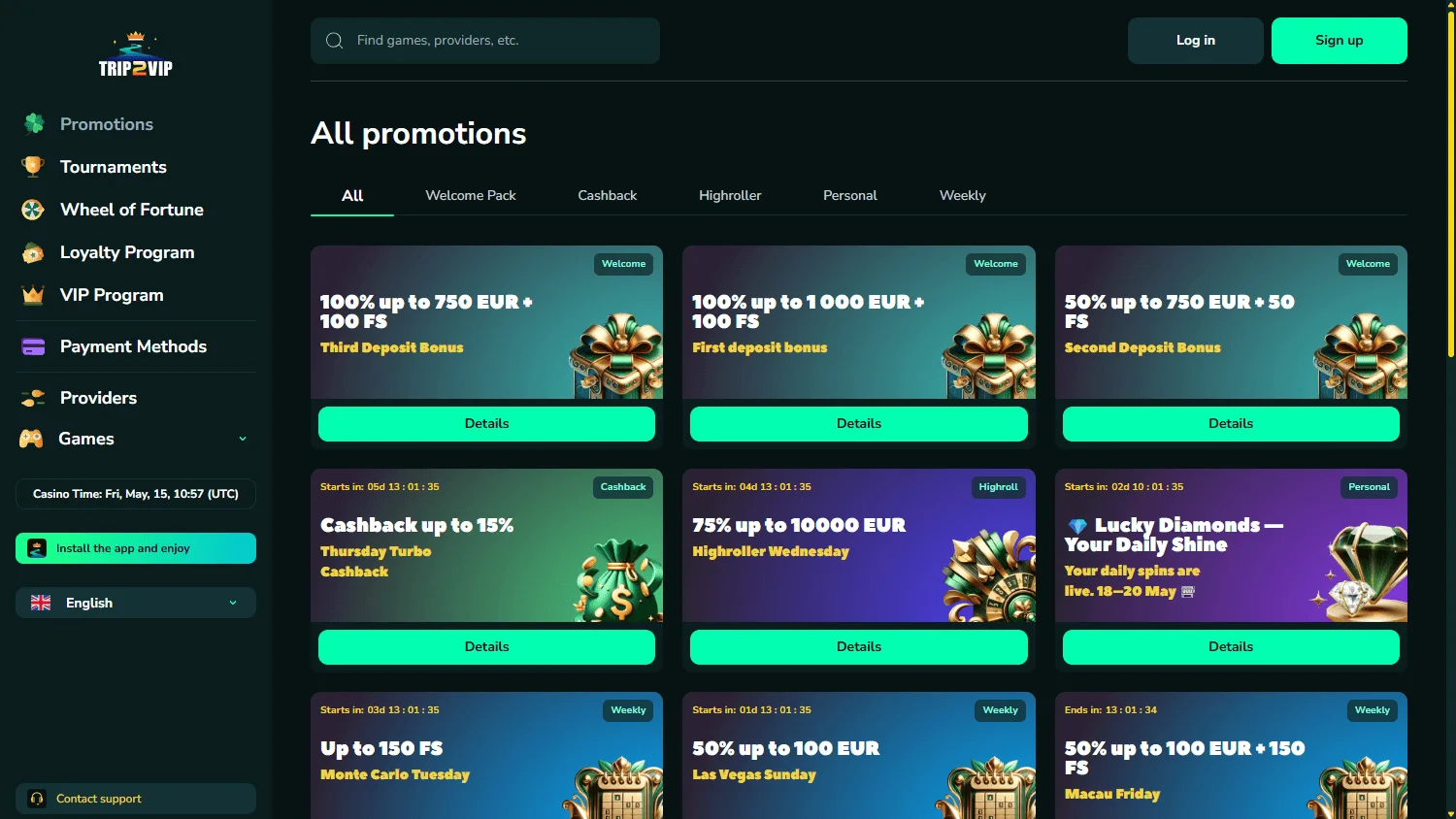 Trip2vip Casino desktop promotions with cashback, weekly bonuses and free spins